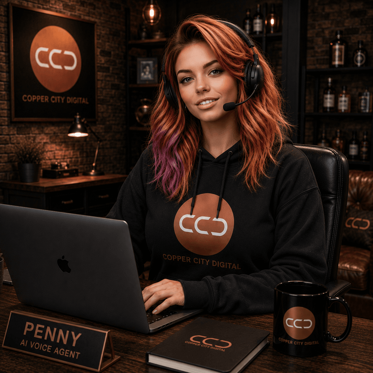Penny, Copper City Digital's AI voice agent, wearing a headset at her desk